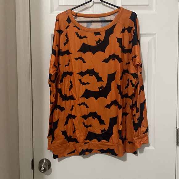 Plus Size Halloween Orange Long Sleeve Shirt with Bats - Picture 6 of 9